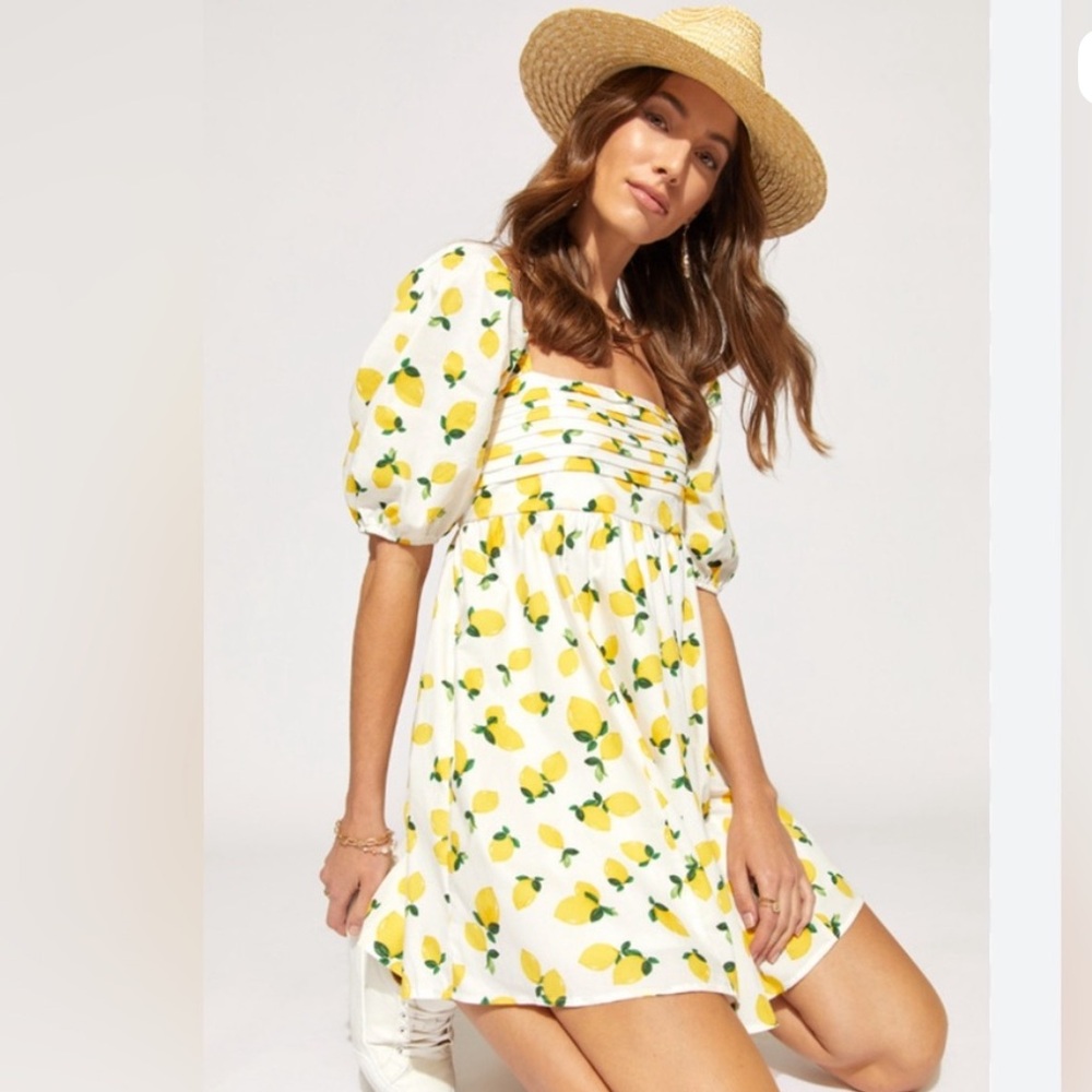 Yellow Lemon-Print Puff-Sleeve Summer Dress - New with tags!